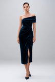 Navy One Shoulder Midi Sheath Velvet Formal Dress with Slit