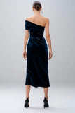 Navy One Shoulder Midi Sheath Velvet Formal Dress with Slit