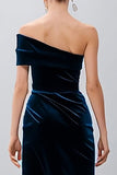 Navy One Shoulder Midi Sheath Velvet Formal Dress with Slit