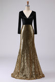 Sparkly Gold and Black V-Neck Sheath Long Formal Dress with Sleeve