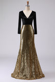 Sparkly Gold and Black Sequin V-Neck Mermaid Long Sleeves Formal Dress