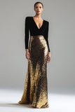 Sparkly Gold and Black V-Neck Sheath Long Formal Dress