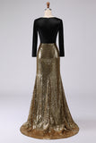 Sparkly Gold and Black Sequin V-Neck Mermaid Long Sleeves Formal Dress