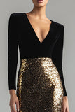 Sparkly Gold and Black V-Neck Sheath Long Formal Dress