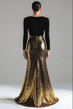 Sparkly Gold and Black V-Neck Sheath Long Formal Dress