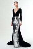 Black and Silver Velvet Sheath Long Sleeves Formal Dress With Sequins
