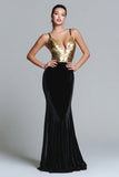 Gold and Black Mermaid Spaghetti Straps Velvet Long Formal Dress
