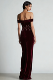 Off the Shoulder Velvet Burgundy Beaded Mermaid Long Formal Dress