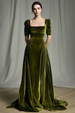 Olive A-Line Square Neck Velvet Long Formal Dress