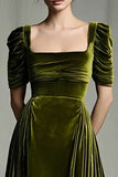 Olive A-Line Square Neck Velvet Long Formal Dress