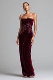 Sheath Burgundy Strapless Velvet Appliqued Long Formal Dress