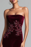 Sheath Burgundy Strapless Velvet Appliqued Long Formal Dress