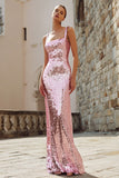 Sparkly Pink Mermaid Sequin Square Neck Long Holiday Party Dress