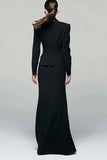 Black 2 Piece Peak Lapel Work Dress with Slit