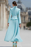 Light Blue 2 Piece A Line Notched Lapel Pleated Work Dress