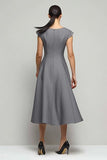 Simple Grey A Line Cap Sleeves Long Work Dress