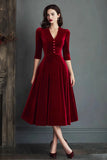 Burgundy A Line Velvet V-Neck Half Sleeves Work Dress