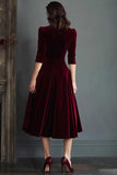 Burgundy A Line Velvet V-Neck Work Dress with Half Sleeves