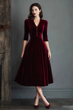 Burgundy A Line Velvet V-Neck Work Dress with Half Sleeves