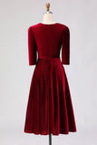 Burgundy Velvet A Line V-Neck Midi Work Dress with Half Sleeves