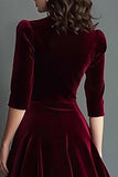Burgundy A Line Velvet V-Neck Work Dress with Half Sleeves
