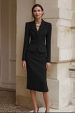 Black Notched Lapel Pencil 2 Piece Midi Work Dress