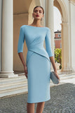 Sky Blue Half Sleeve Ruched Bodycon Midi Work Dress