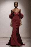 Burgundy Sweetheart Satin Mermaid Long Pageant Dress with Feathers
