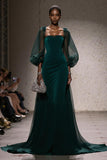Dark Green Square Neck A Line Long Formal Dress with Sleeves