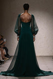 Dark Green Square Neck A Line Long Formal Dress with Sleeves