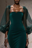 Dark Green Square Neck A Line Long Formal Dress with Sleeves