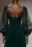 Dark Green Square Neck A Line Long Formal Dress with Sleeves