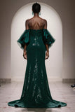 Sparkly Dark Green Strapless Sequin Mermaid Long Pageant Dress with Sleeves