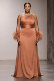 Orange Satin One Shoulder Mermaid Long Formal Dress with Feathers