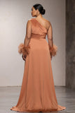 Orange Satin One Shoulder Mermaid Long Formal Dress with Feathers