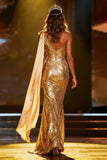 Sparkly Gold Sequins Mermaid One Shoulder Long Pageant Dress