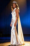 White Satin Mermaid Halter Long Pageant Dress with Cape