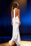 White Satin Mermaid Halter Long Pageant Dress with Cape
