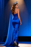 Royal Blue Satin Mermaid Sweetheart Long Pageant Dress with Cape