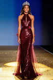 Sparkly Burgundy Mermaid Sequin Halter Long Pageant Dress with Bow