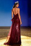 Sparkly Burgundy Mermaid Sequin Halter Long Pageant Dress with Bow