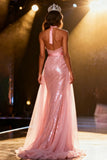 Sparkly Light Pink Mermaid Sequin Halter Long Pageant Dress with Sash