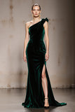 Mermaid Dark Green One Shoulder Velvet Evening Dress With Slit