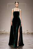 A-Line Dark Green Velvet Evening Dress with Slit