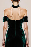 Dark Green A-Line Halter Velvet Long Evening Dress with Slit