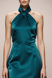 A-Line Halter Dark Green Satin Evening Dress