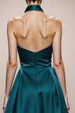 A-Line Halter Dark Green Satin Evening Dress