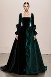 Dark Green Velvet Square Neck A-Line Long Formal Dress with Long Sleeves