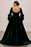 Dark Green Velvet Square Neck A-Line Long Formal Dress with Long Sleeves