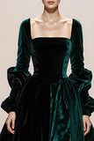 Dark Green Velvet Square Neck A-Line Long Formal Dress with Long Sleeves